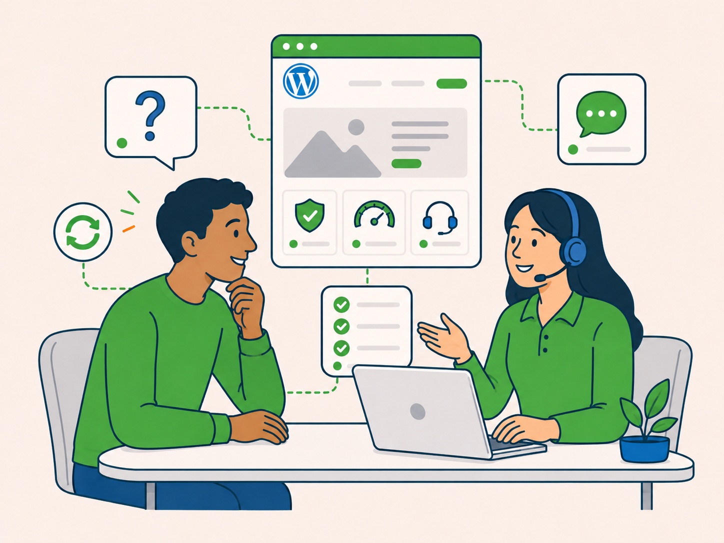 Website owner speaking with a support specialist about ongoing WordPress help, regular tasks, and long-term website support.