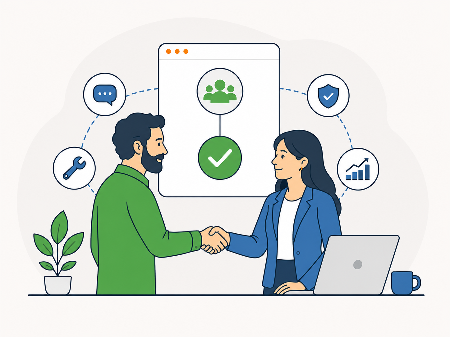 Illustration of a website owner and support provider building a trusted long-term relationship around ongoing WordPress care and support.