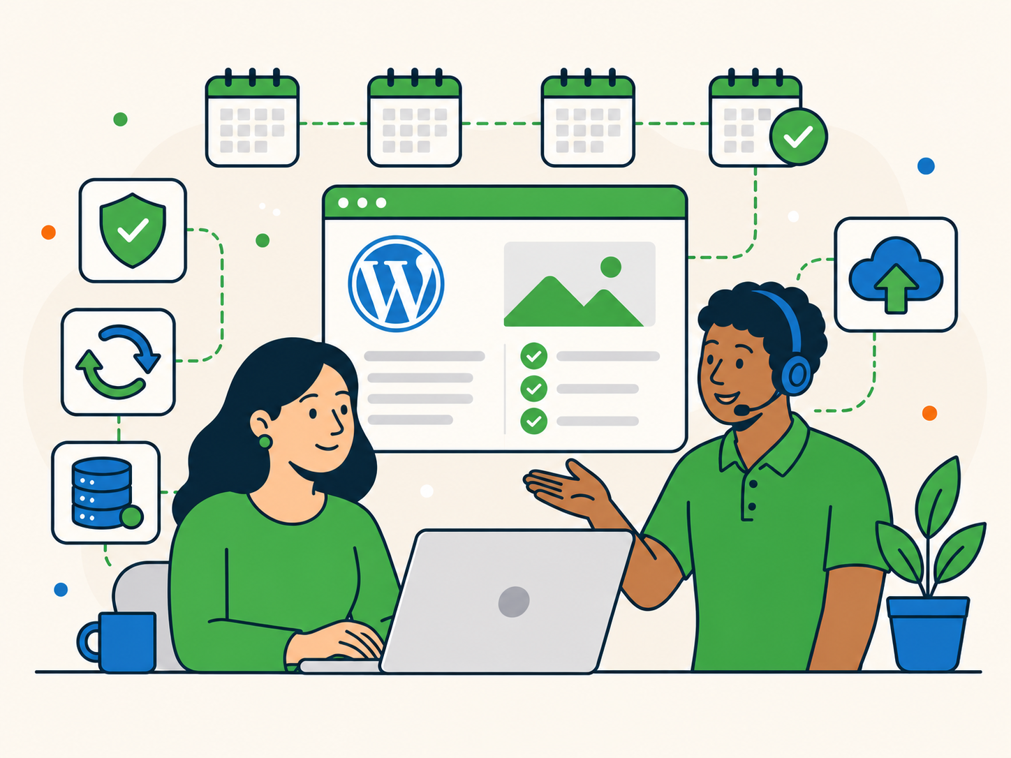 Illustration showing long-term WordPress website care with ongoing maintenance, security, backups and support.
