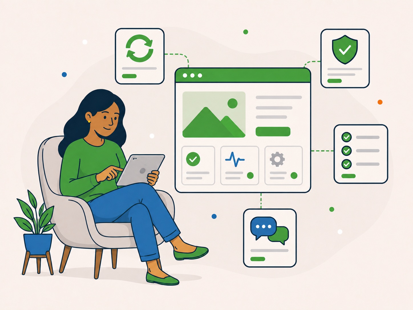 Illustration of a woman using a tablet beside a WordPress dashboard with update, security, checklist, and support panels showing ongoing website care.