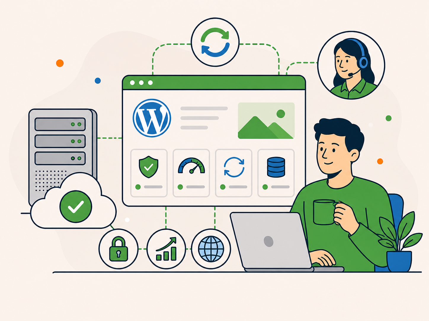 Business owner using a joined-up WordPress hosting setup with security, performance and support managed in one place.