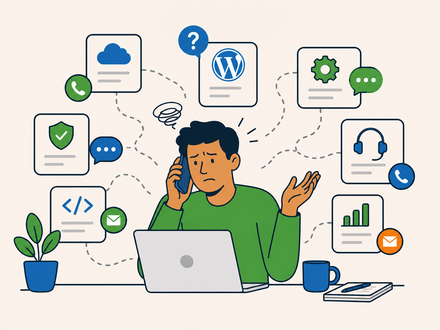Frustrated website owner juggling separate providers for hosting, support, security and website maintenance.