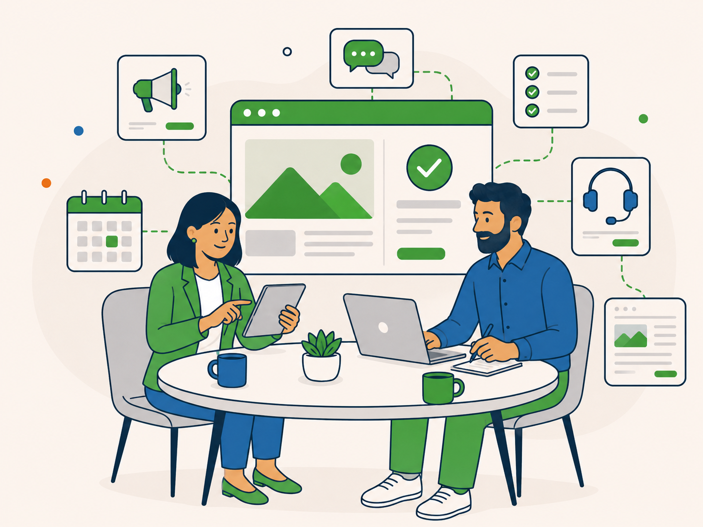 Marketing lead and colleague planning website campaigns and updates with dependable technical support.