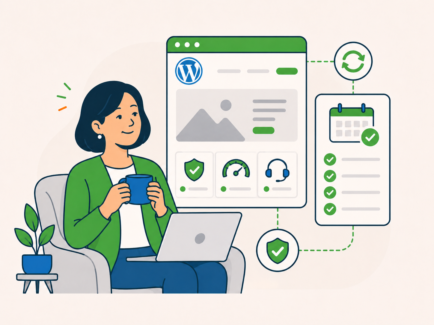 Website owner reviewing a monthly WordPress maintenance dashboard with update, security, performance, support, and calendar check icons.
