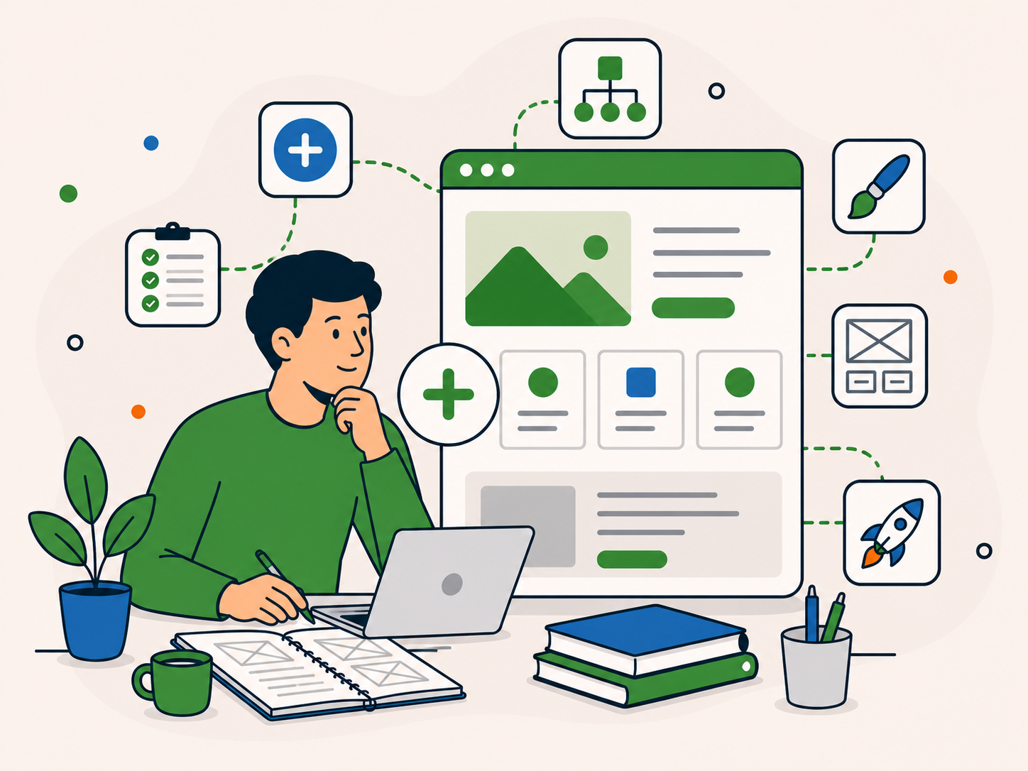 Person planning a brand new WordPress website using wireframes, page layouts and project planning tools.