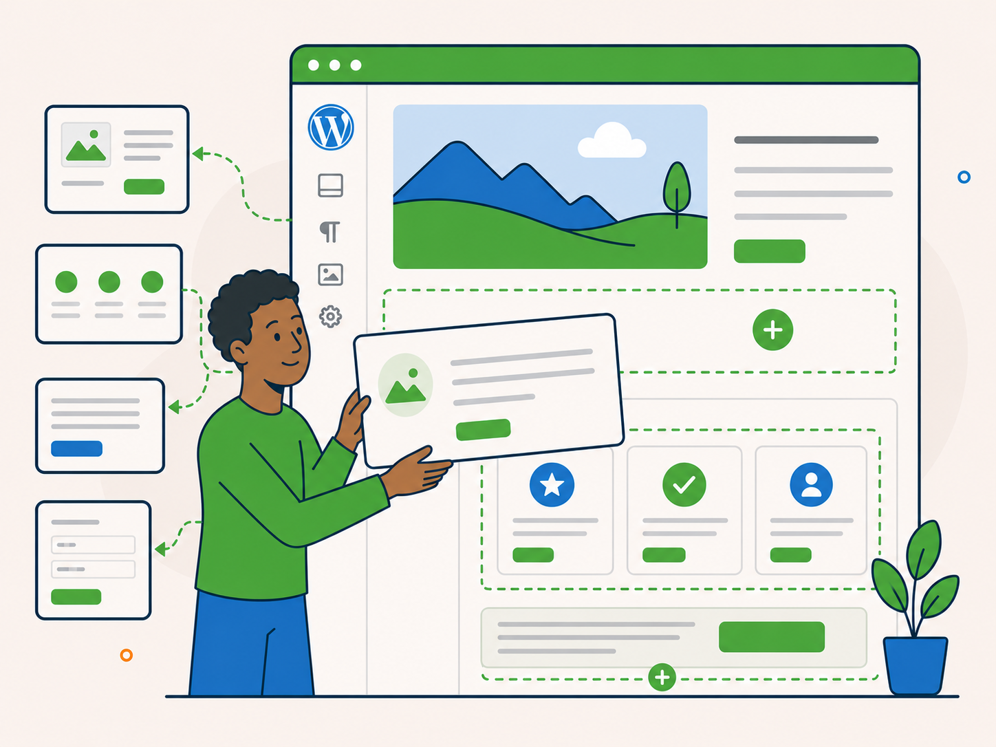 Illustration of a person adding new sections and content blocks in a WordPress-style editor, including landing page elements, calls to action, and useful page additions.