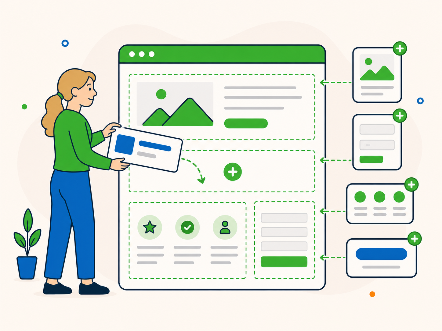 Illustration of a person adding new sections and practical features to a website page, including content blocks, calls to action, and form elements in a WordPress-style editor.