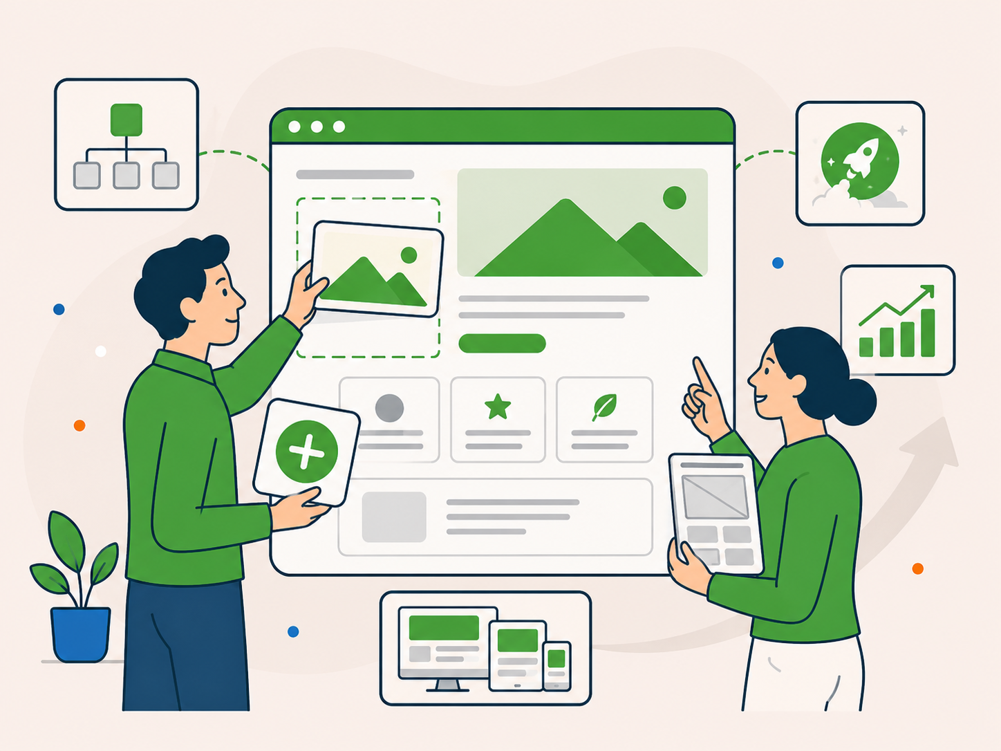 Two people planning a new WordPress website with layout panels, launch icons, and responsive design previews.