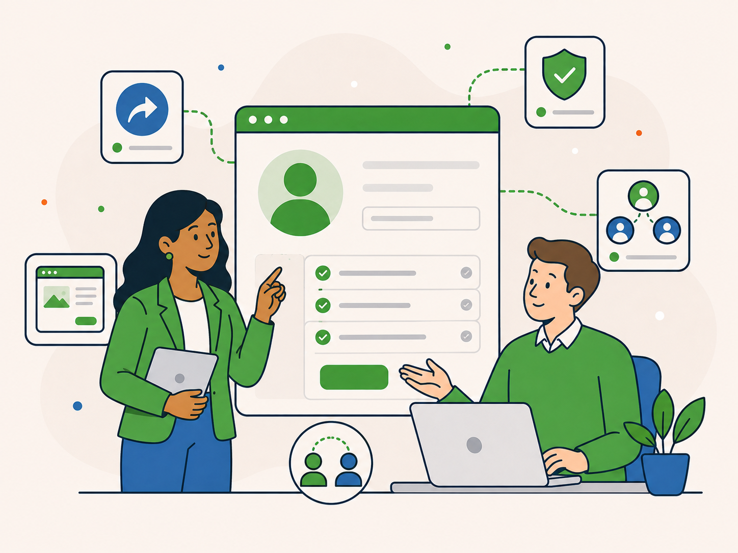 Illustration of two people reviewing a partner application on a large profile card, with referral, approval, and network icons around them.