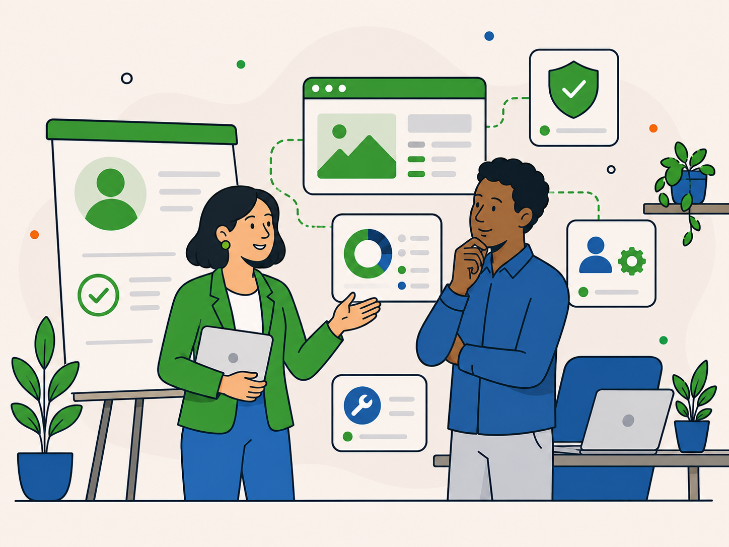 Two professionals discussing website support, surrounded by business profile, security, performance, and maintenance panels.