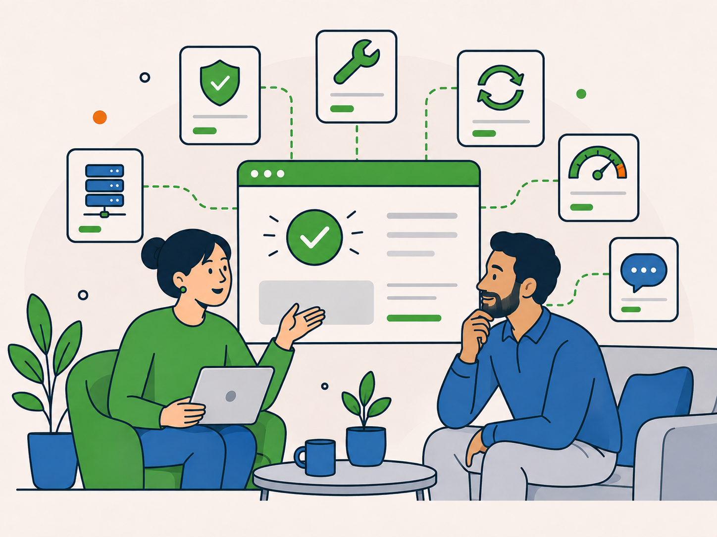 An agency professional discussing ongoing website support with a client, alongside maintenance, security, hosting, and performance icons.