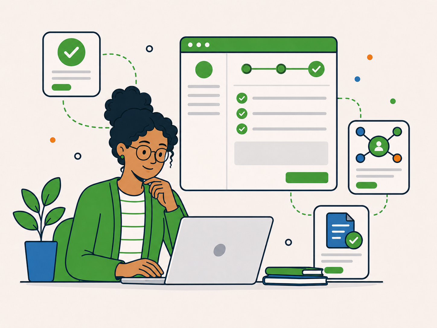Prospective affiliate completing an online application, with approval, referral network, and agreement review icons.