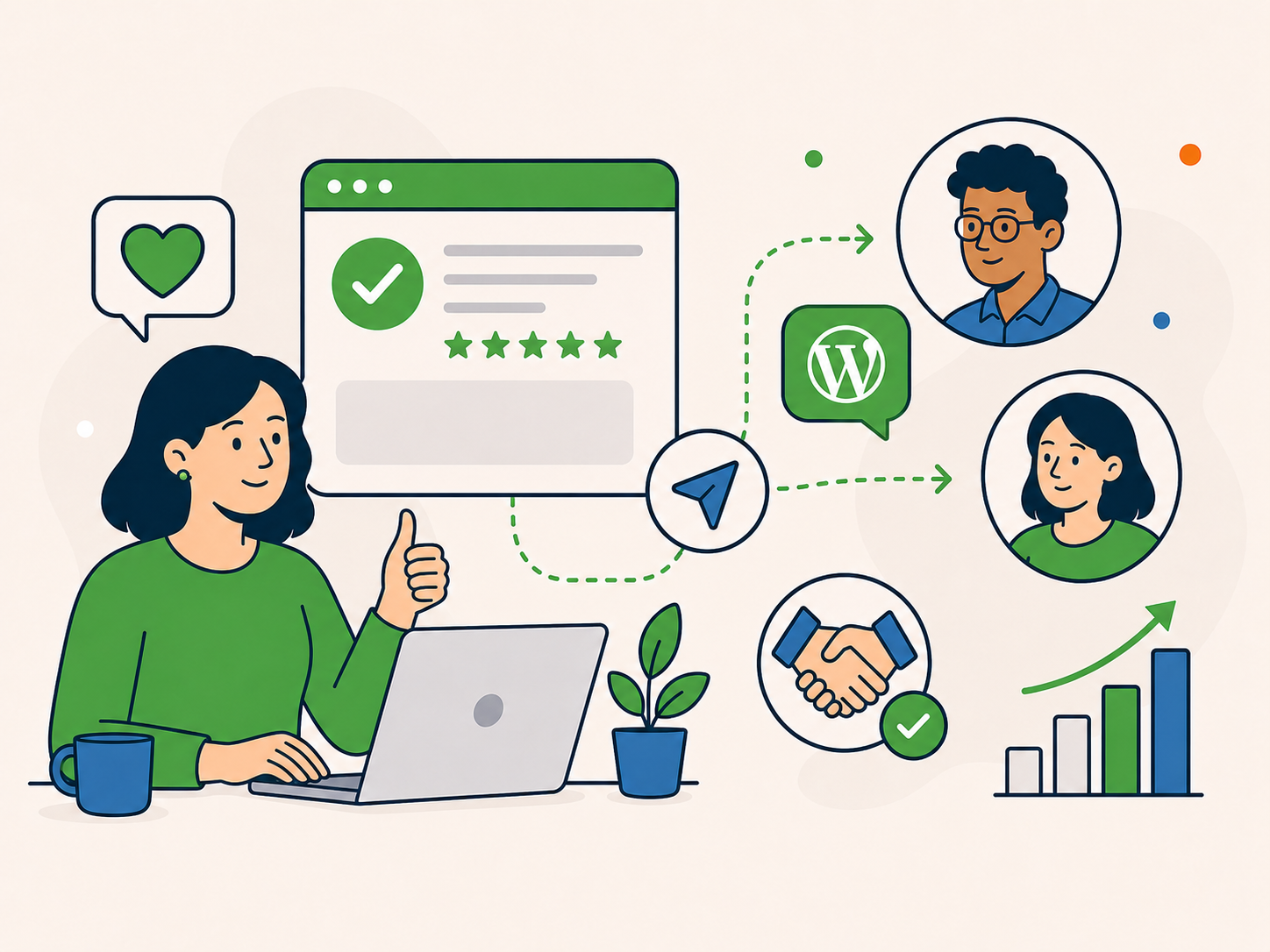 A professional recommending WordPress support to two contacts, with referral, approval, partnership, and growth symbols.