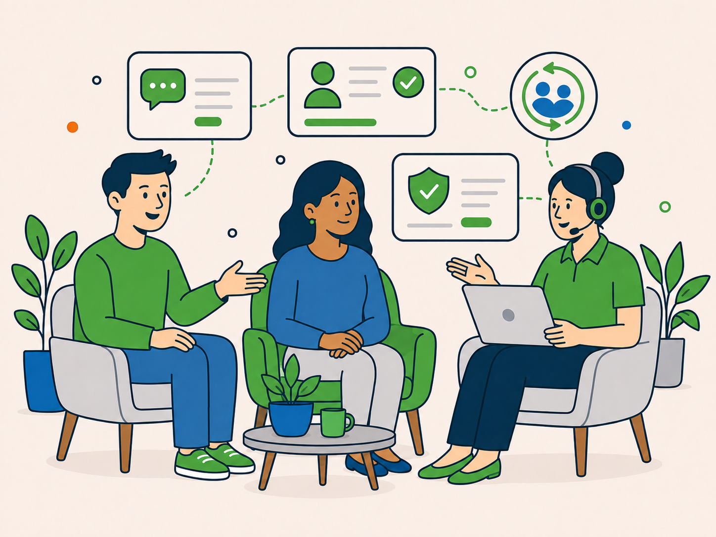 Affiliate introducing a referred client to a WordPress support specialist during a friendly consultation, with communication, approval, and long-term support icons.