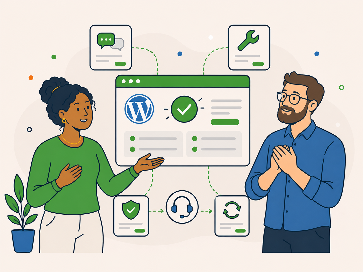 Two people confidently discussing WordPress support beside a clear service dashboard showing practical help, security, support, and ongoing care.