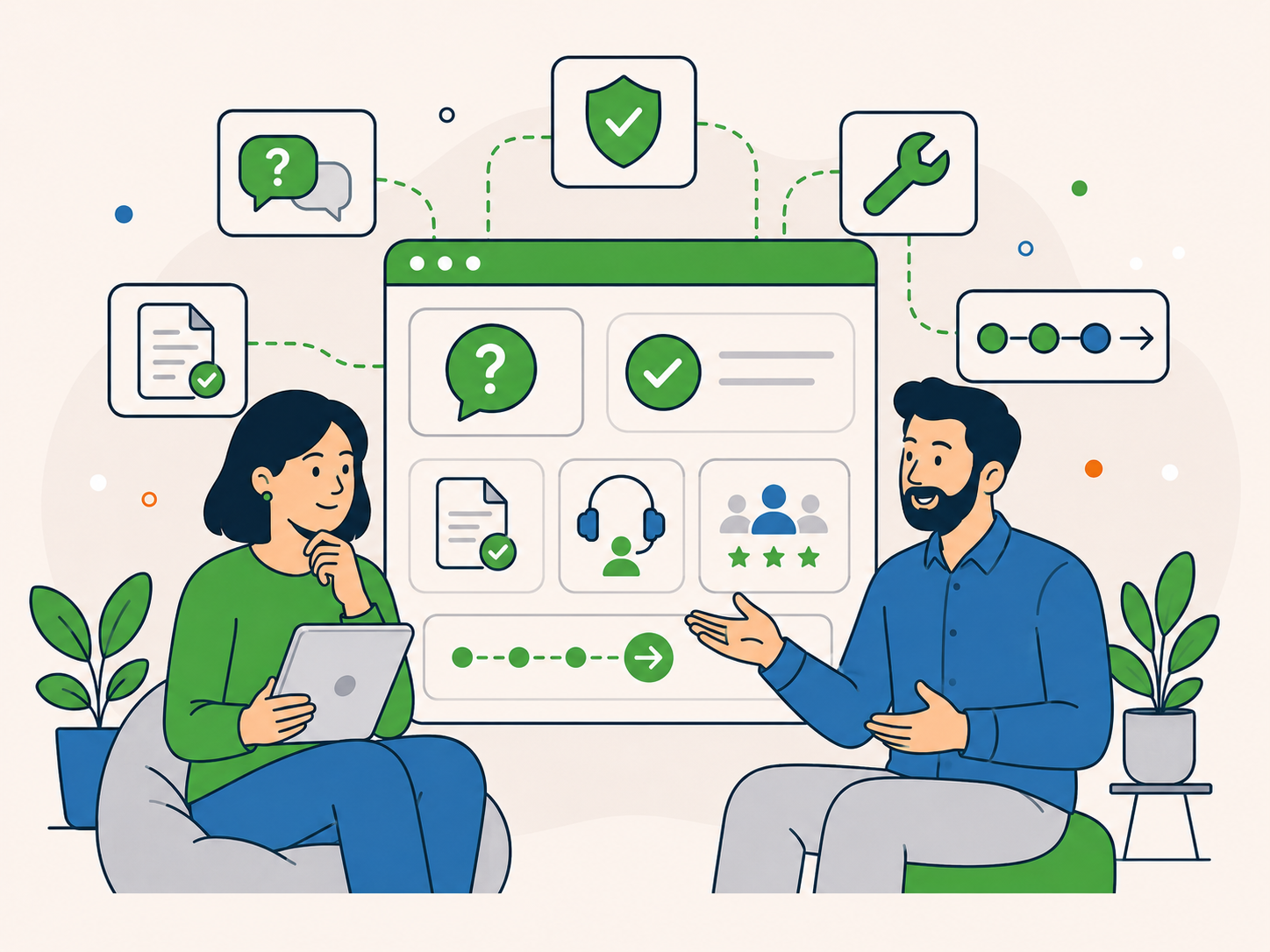 Two people reviewing affiliate programme information beside a clear support dashboard showing common questions, simple next steps, and a polished partner experience.