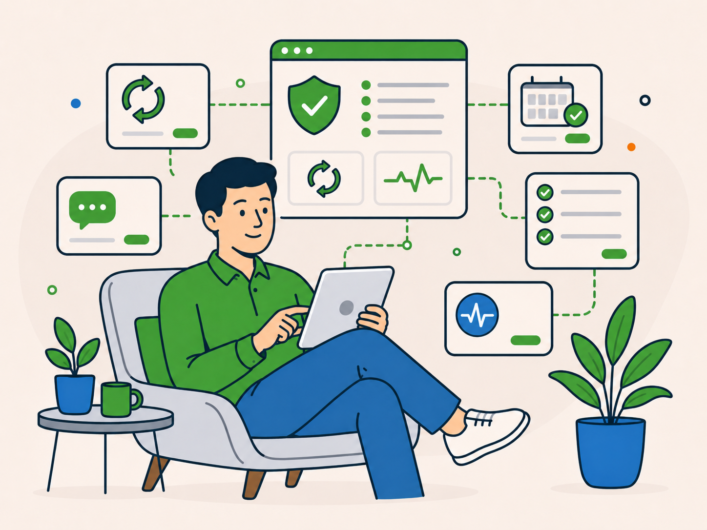 Business owner sitting calmly with a tablet while maintenance, support, monitoring, and scheduled care cards surround them.