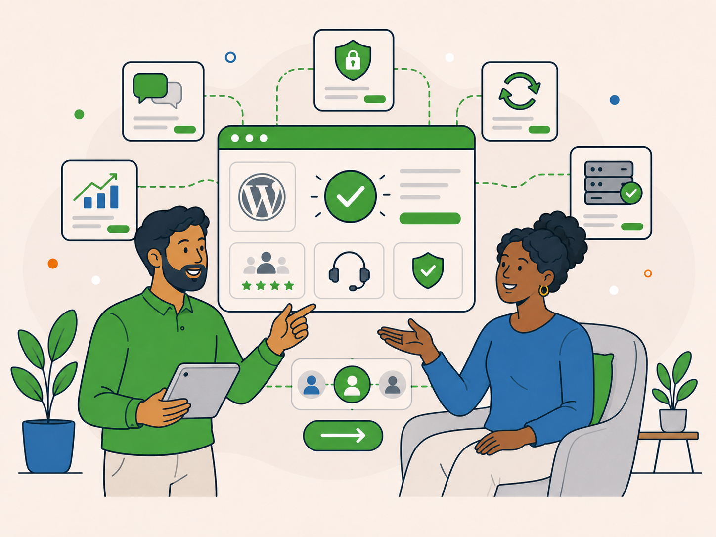 Two people discussing the affiliate programme beside a connected WordPress support dashboard showing trusted referrals, security, hosting, and ongoing support.