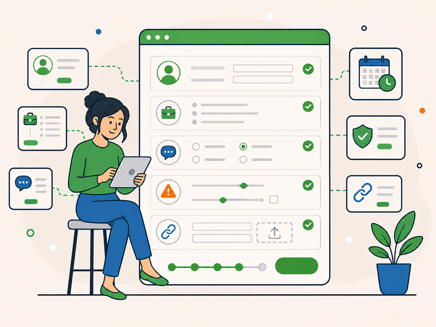 Illustration of a team application form preview, with a person reviewing the form on a tablet and sections for background, experience, working style, judgement, and useful links.