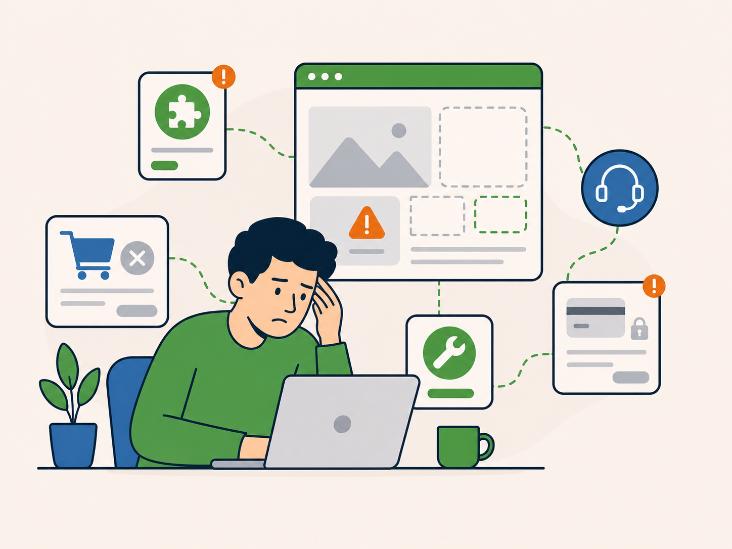 Person looking worried at a laptop while website error, plugin, checkout and support icons surround a broken WordPress page.