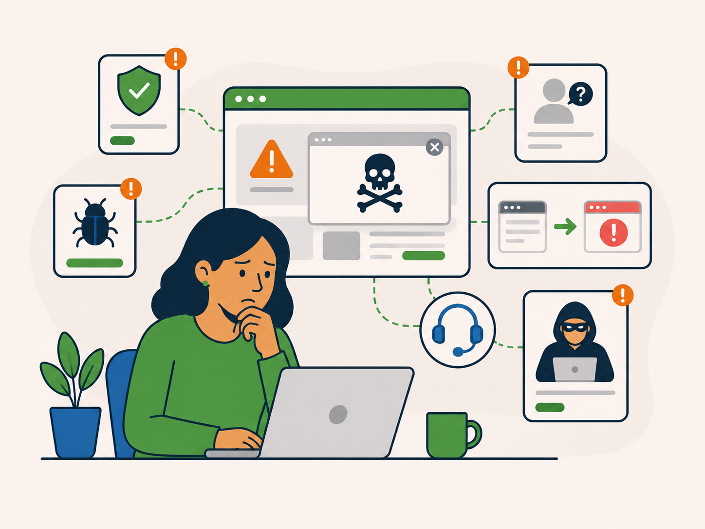 Worried person at a laptop with security alerts and support icons around a compromised WordPress site.