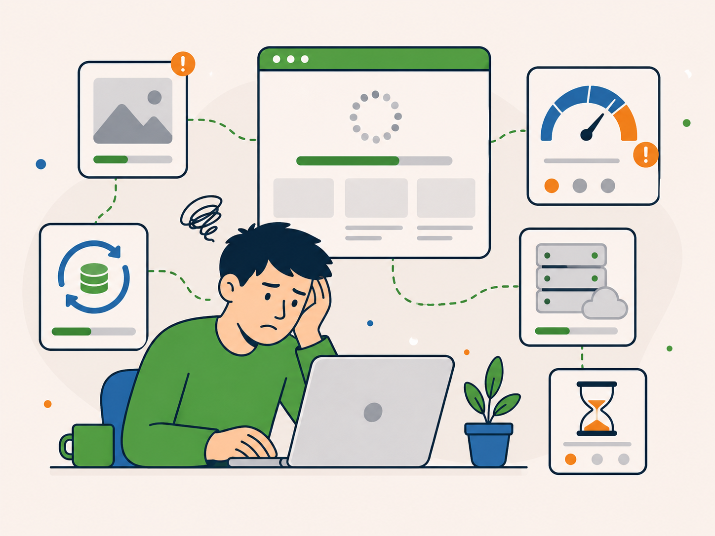 Frustrated person waiting at a laptop while performance icons highlight a slow WordPress website.