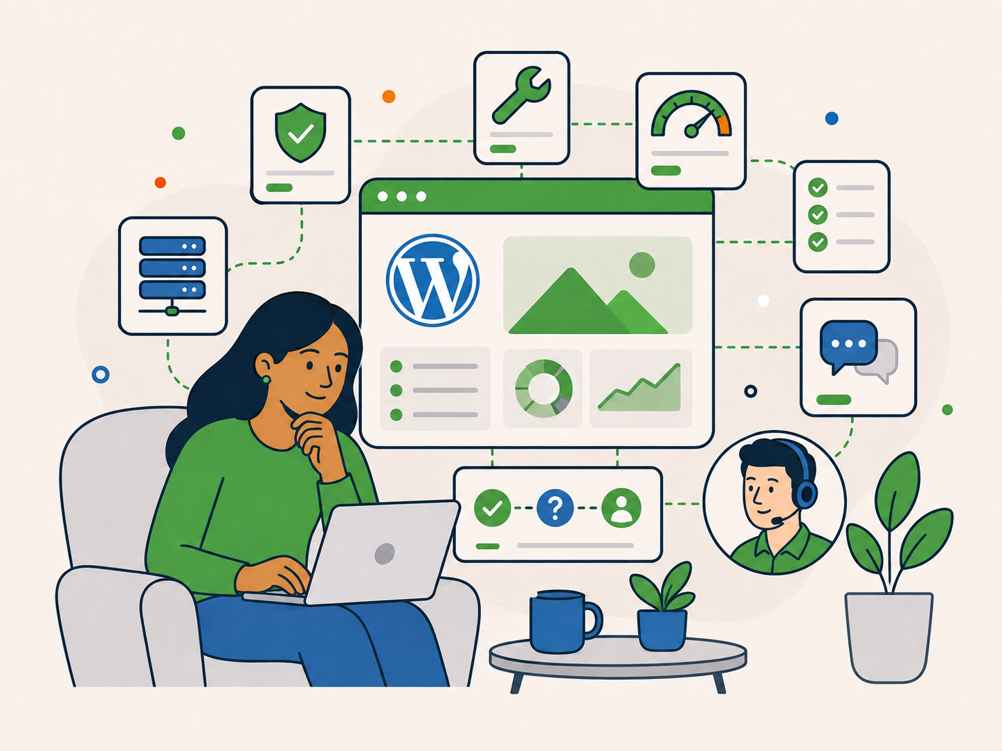 Person using a laptop beside a WordPress guidance dashboard with connected cards for security, maintenance, performance, hosting, checklists, and support.