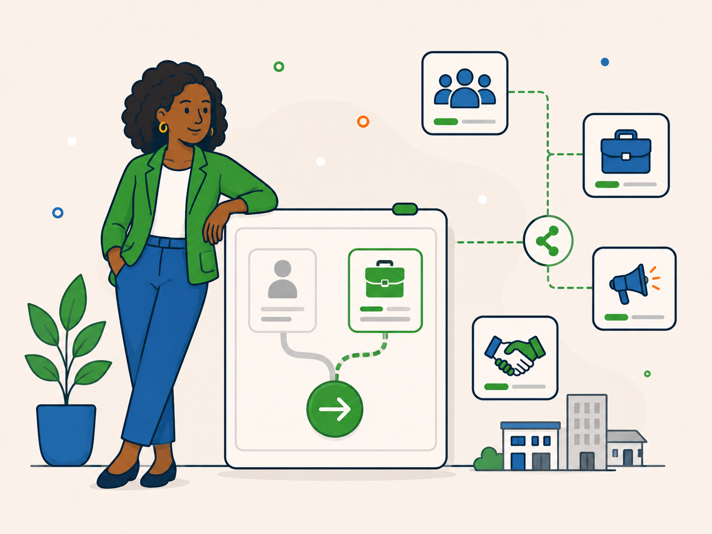 Business professional reviewing a partner route, with icons for agencies, partnerships, referrals, and commercial enquiries.