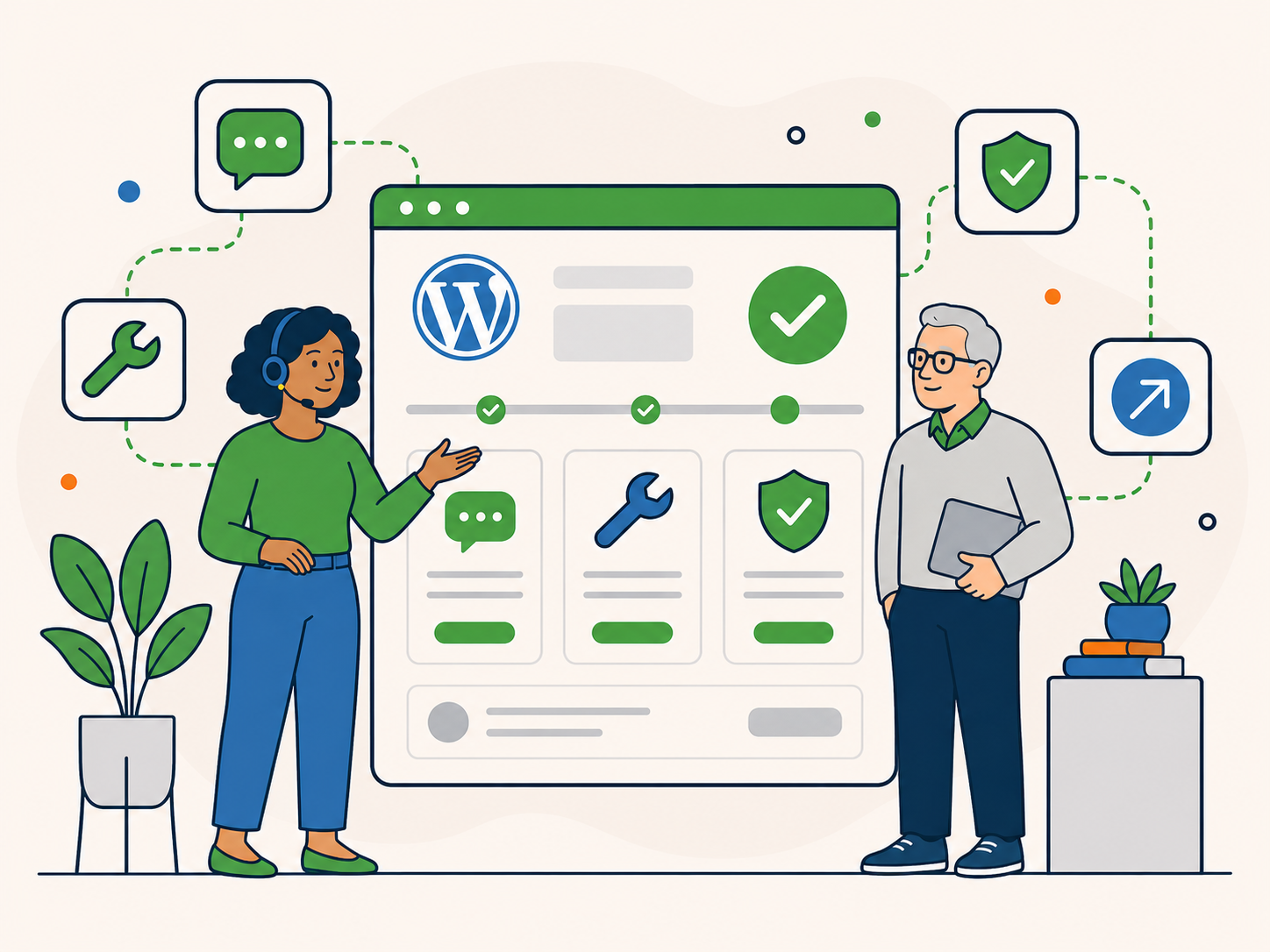 WordPress support specialist guiding a client through the next steps beside a large website dashboard, with icons for chat, repairs, security and progress.