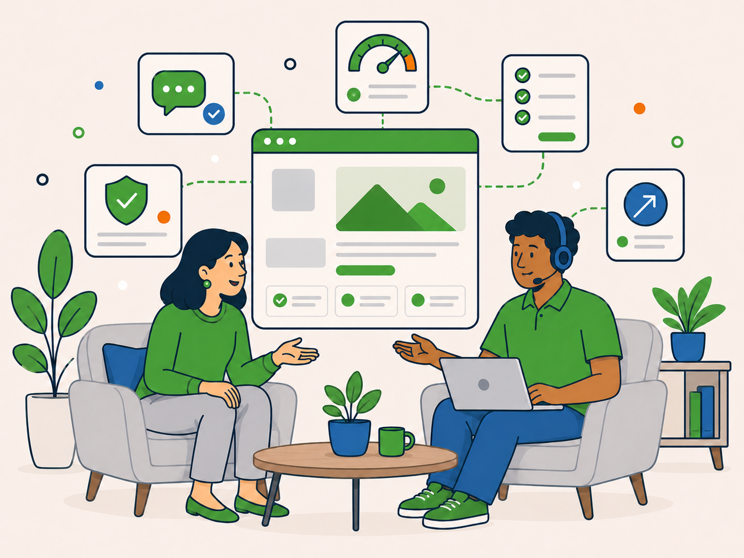 Illustration of a client and a Newt Labs support specialist discussing a WordPress website, with a large website dashboard and icons for support, security, performance, tasks, and growth in the background.