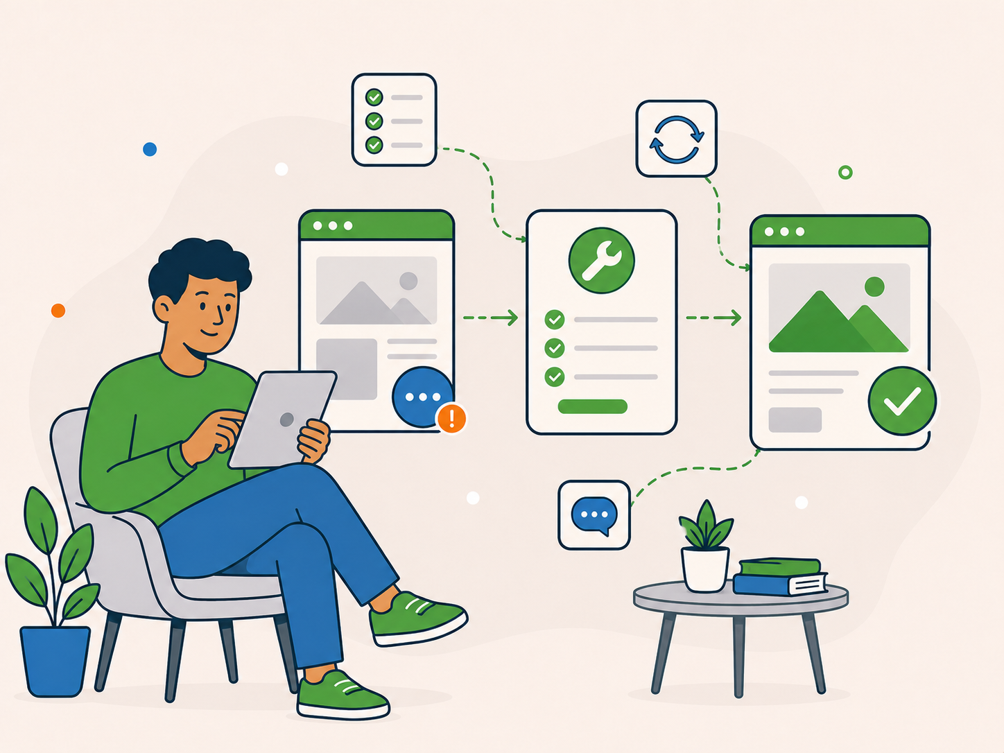 Illustration of a customer reviewing a step-by-step website support journey, showing an issue, the work completed, and the improved result.