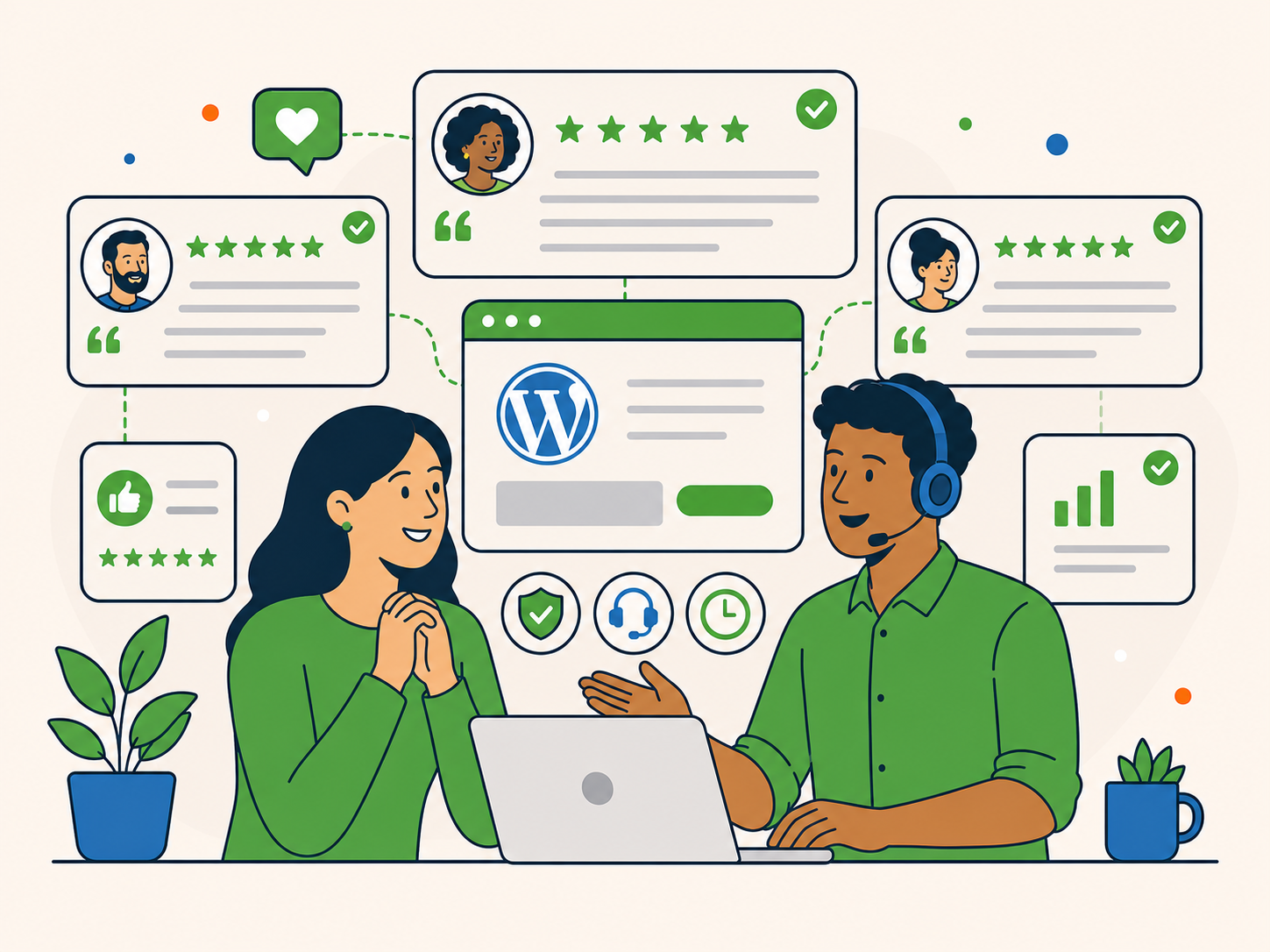 Client discussing WordPress support with a Newt Labs specialist, surrounded by positive review cards and trust indicators.