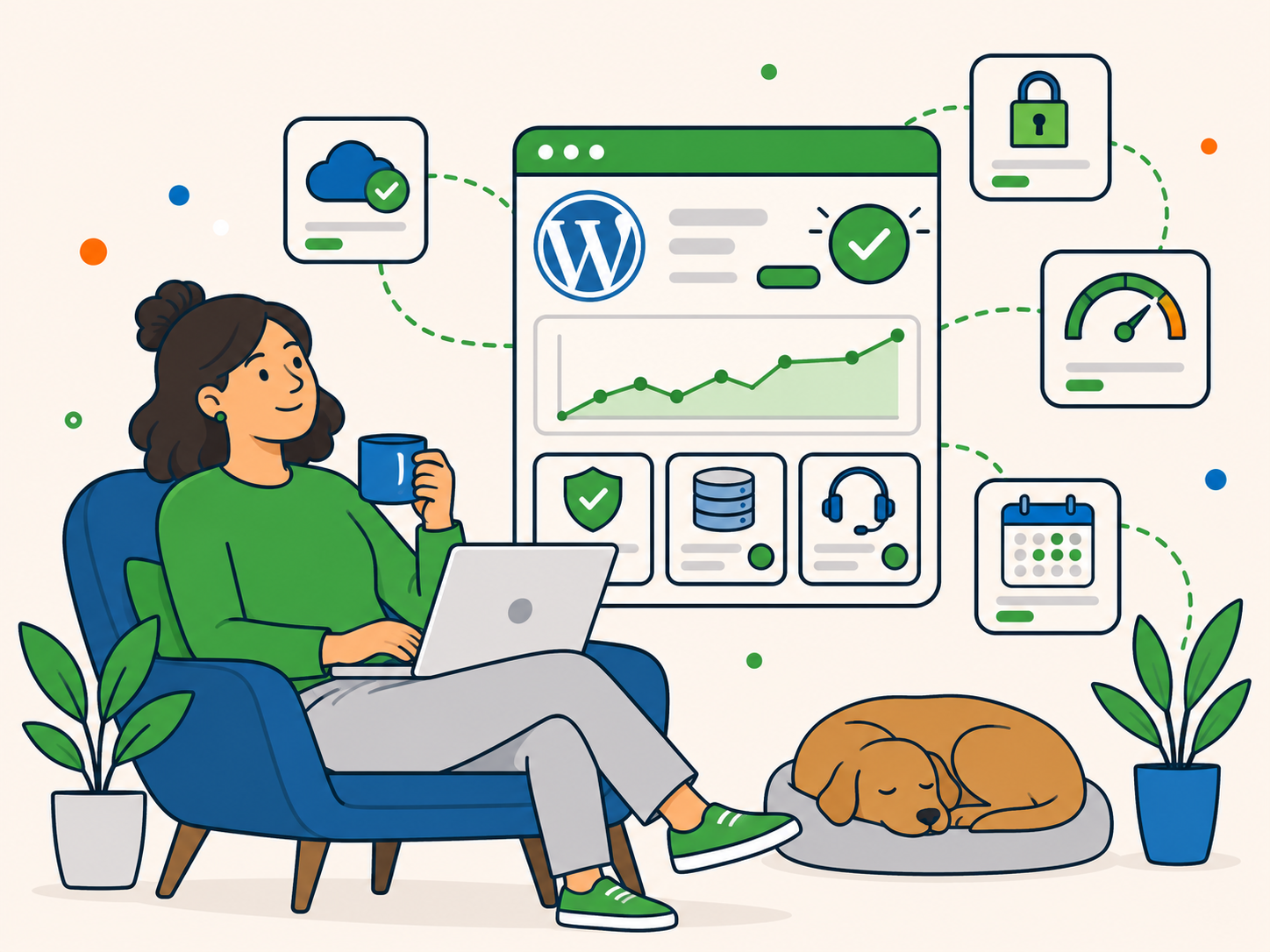 Relaxed business owner viewing a healthy WordPress website supported by consistent security, hosting and maintenance.