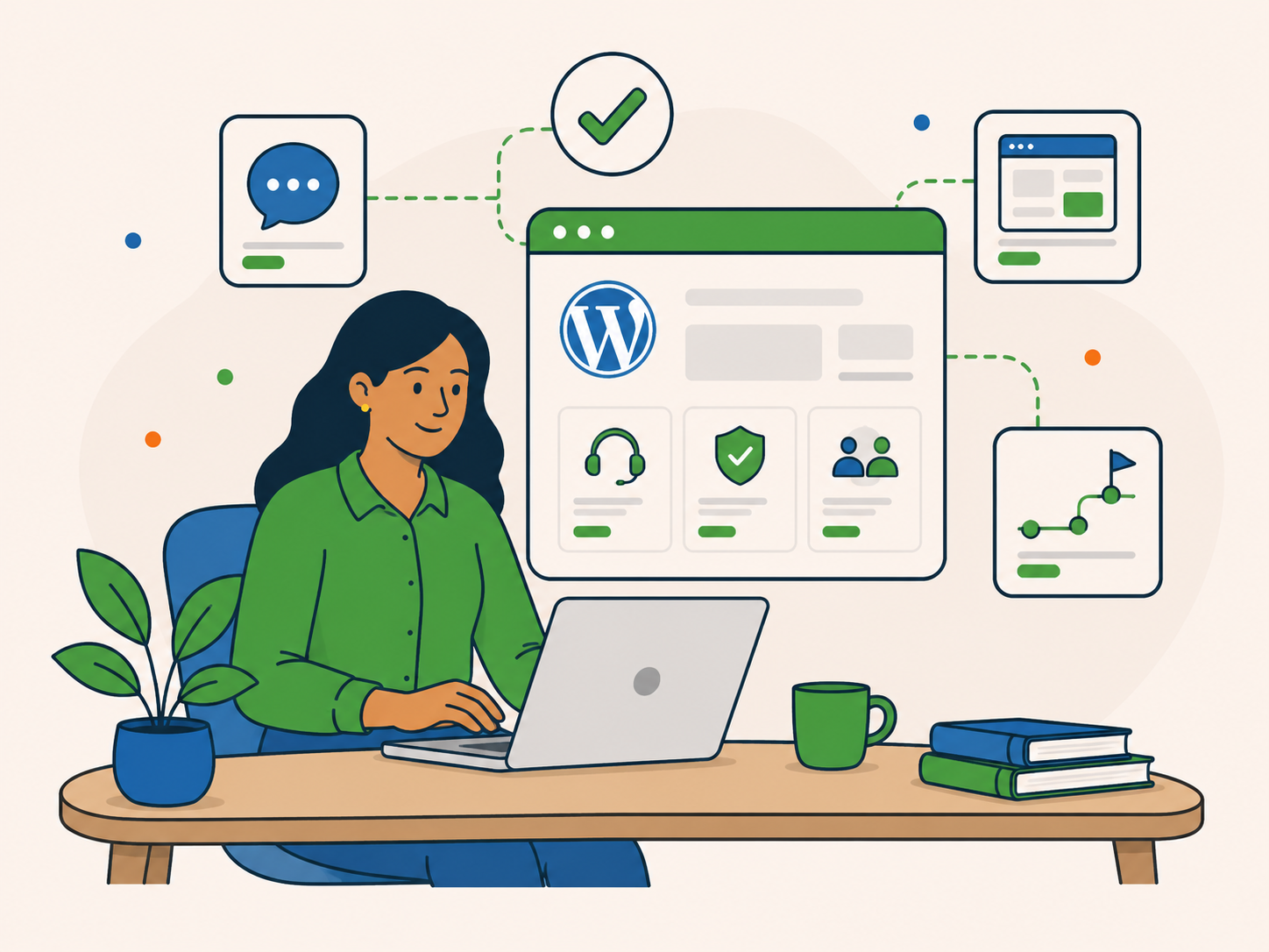 Friendly WordPress support specialist working at a laptop beside support, security and website progress icons.