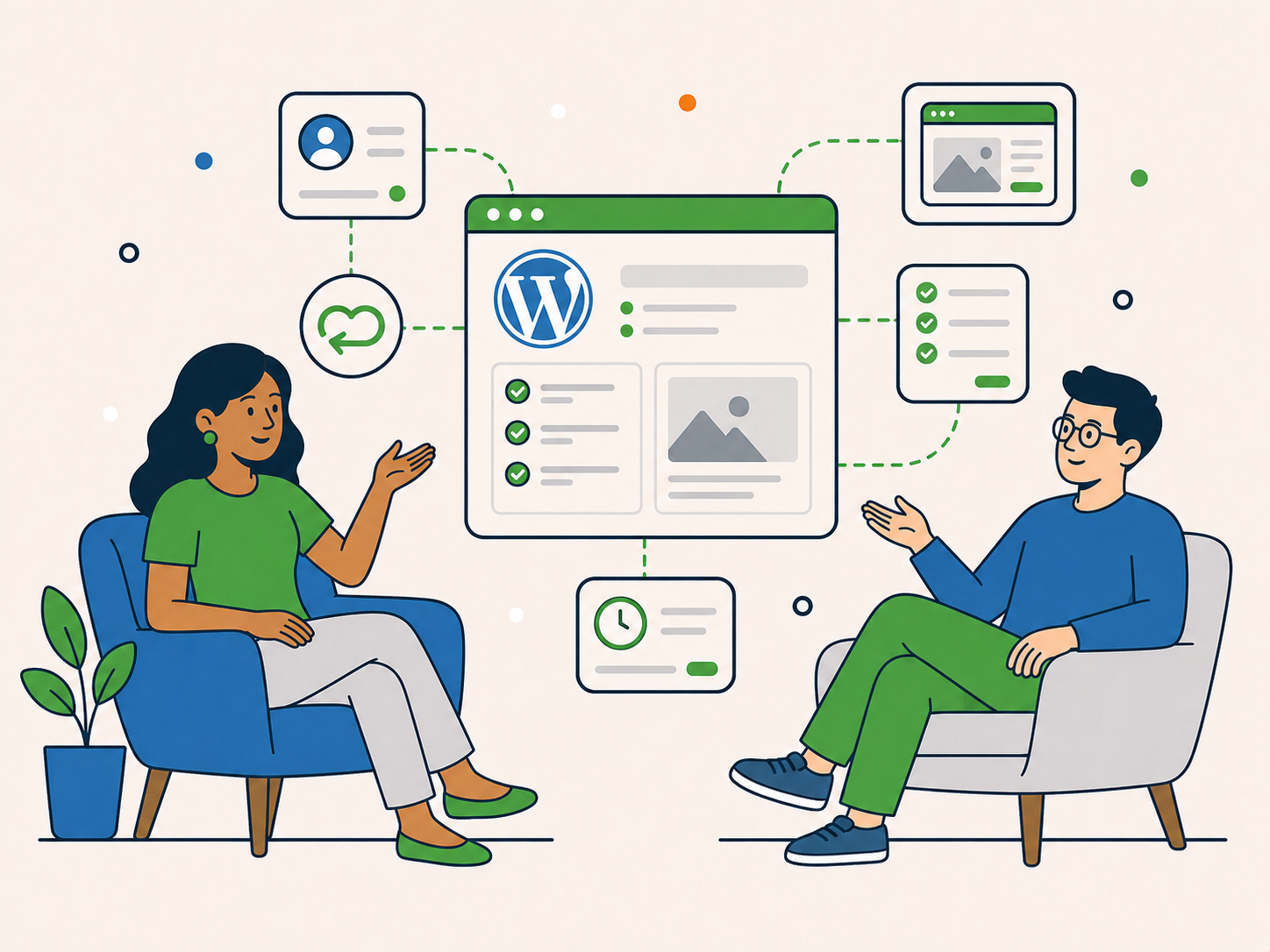 Client and support specialist reviewing a WordPress website they already understand and manage together.