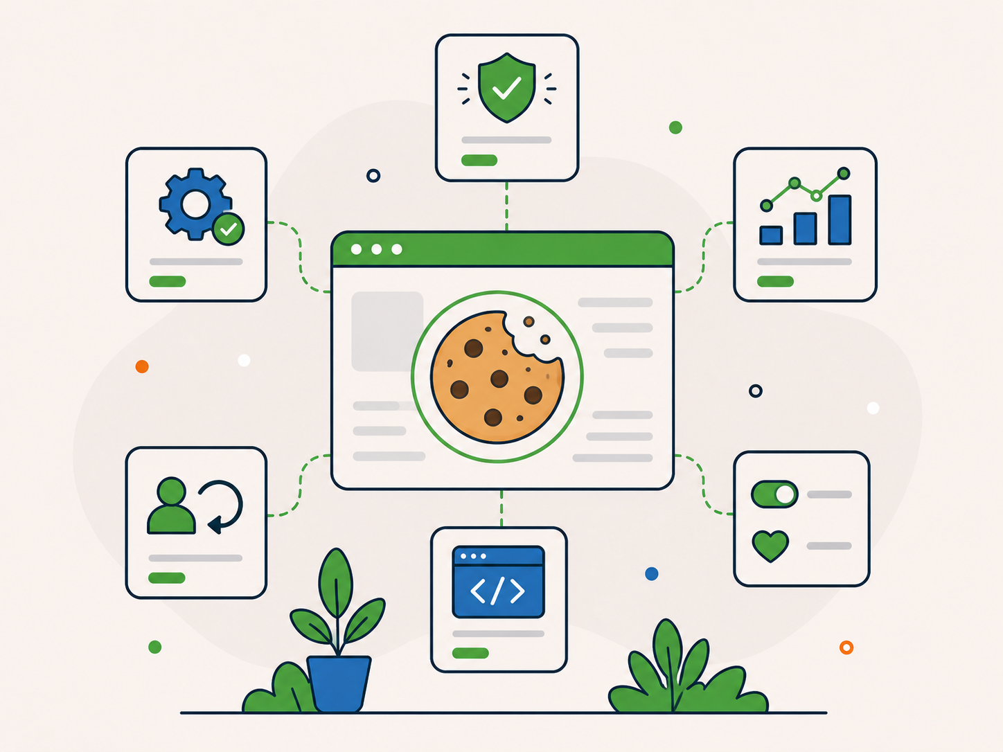 Illustration of a website using cookies to remember settings and support different functions, with connected icons for preferences, security, analytics, user recognition, and scripts around a central browser window with a cookie symbol.
