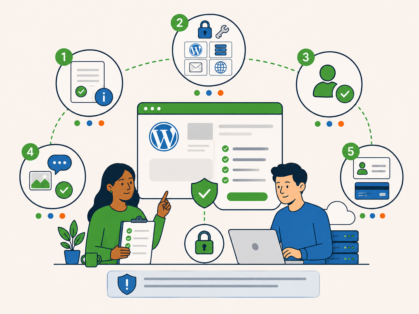 Illustration showing customer responsibilities for WordPress services, including accurate information, secure access, authority, approvals, feedback, and current account details.