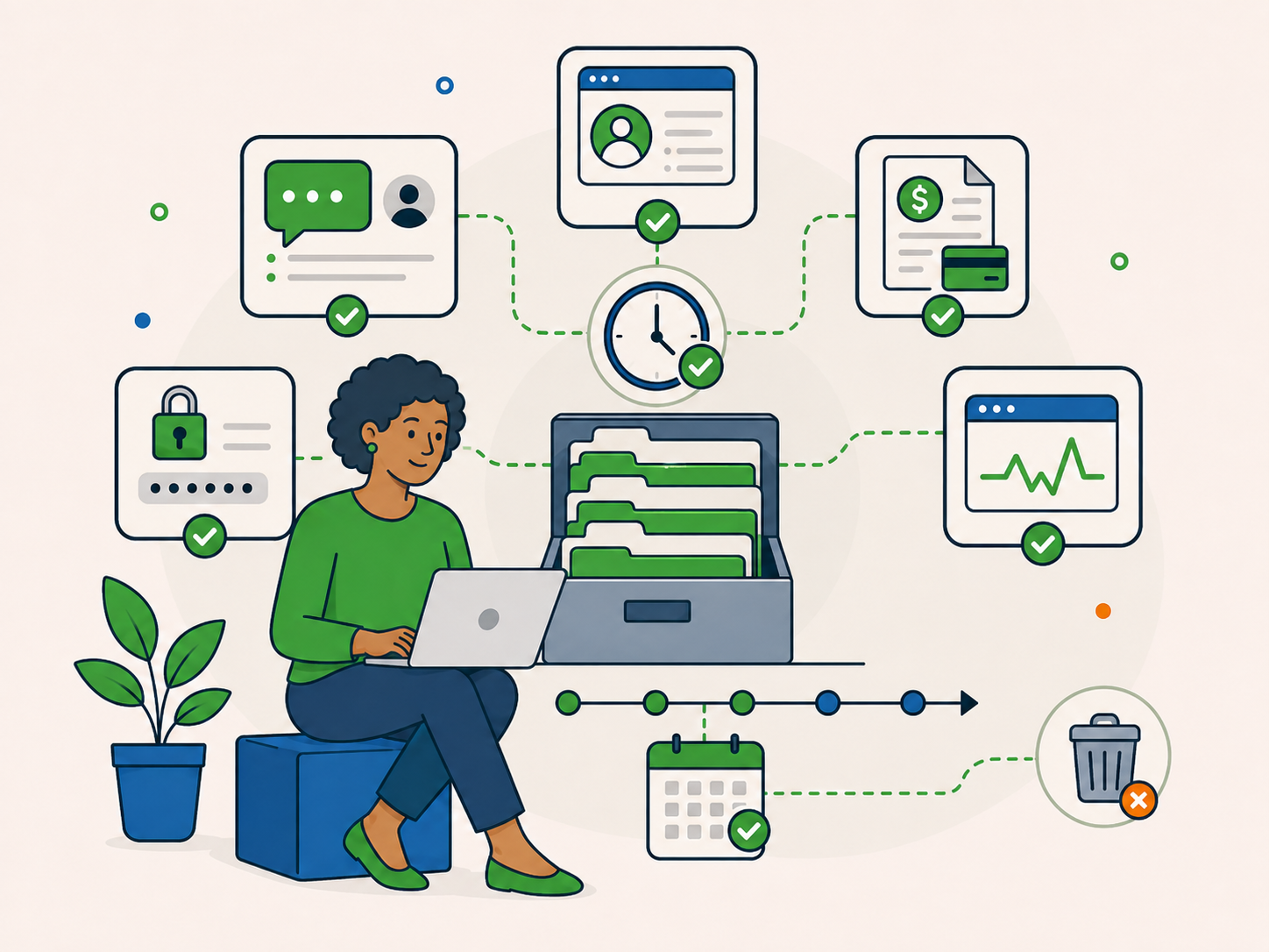 Illustration showing information retention and record-keeping, with customer records, billing, technical data, access details, and timed deletion managed through an organised archive workflow.