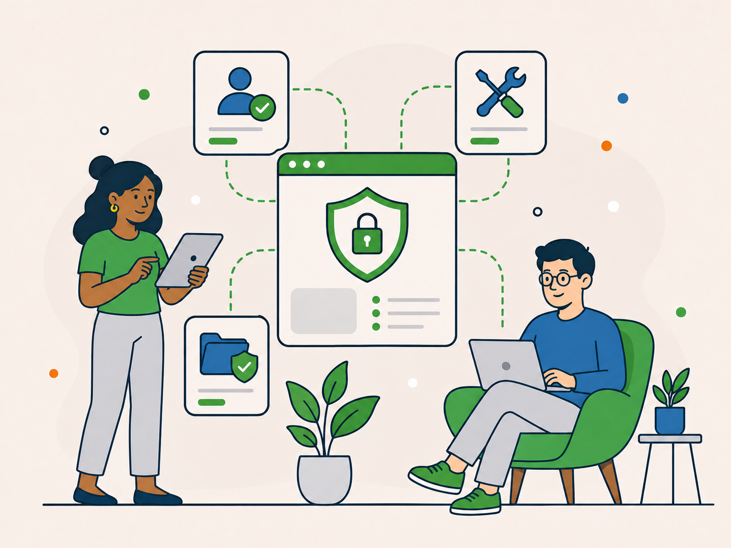 Illustration showing personal information protected through controlled access, secure systems, safe storage, and careful handling.