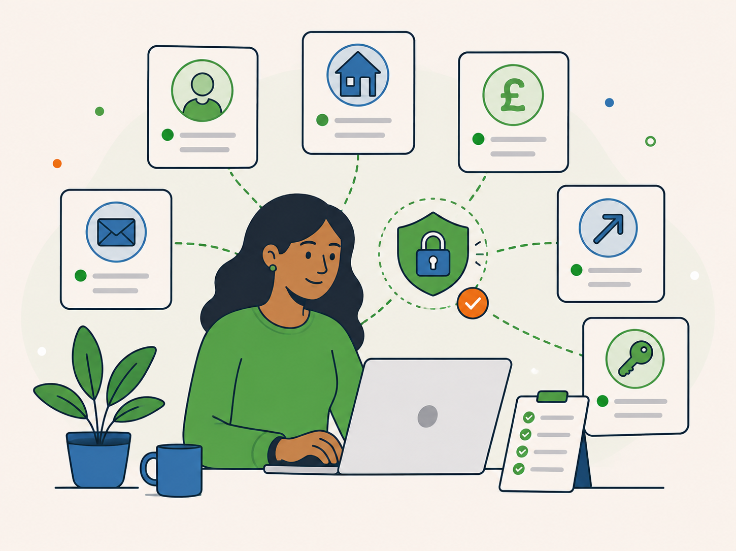 Illustration showing customer information categories including contact, business, billing, support, technical and website access details.