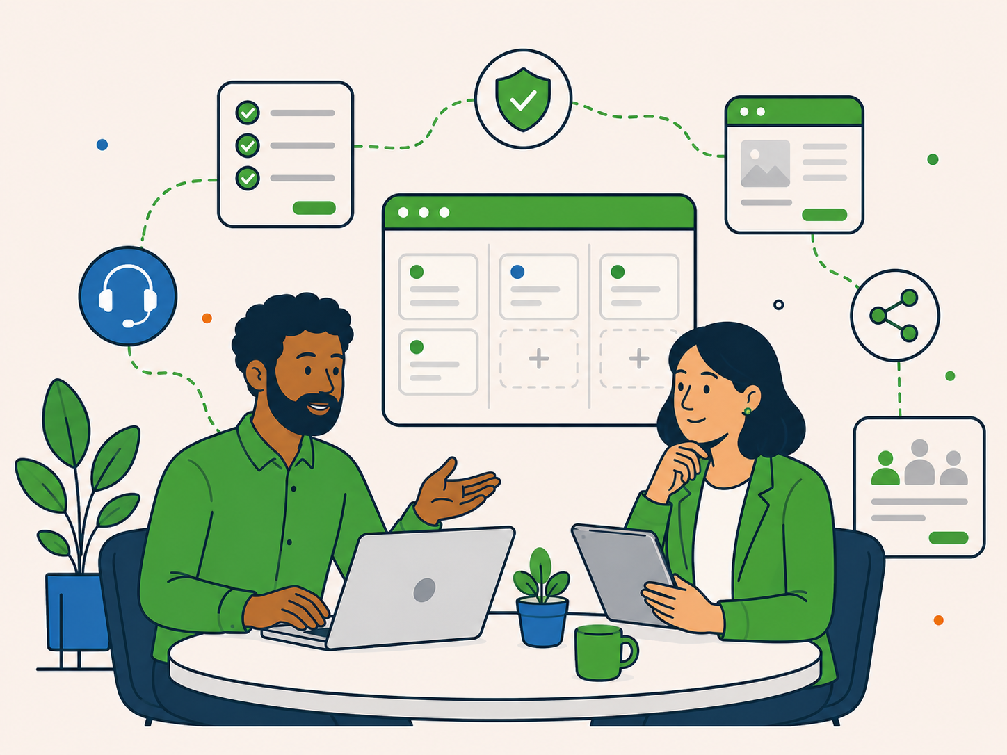 Two professionals discussing agency collaboration at a table with project, support, checklist, and team workflow panels.