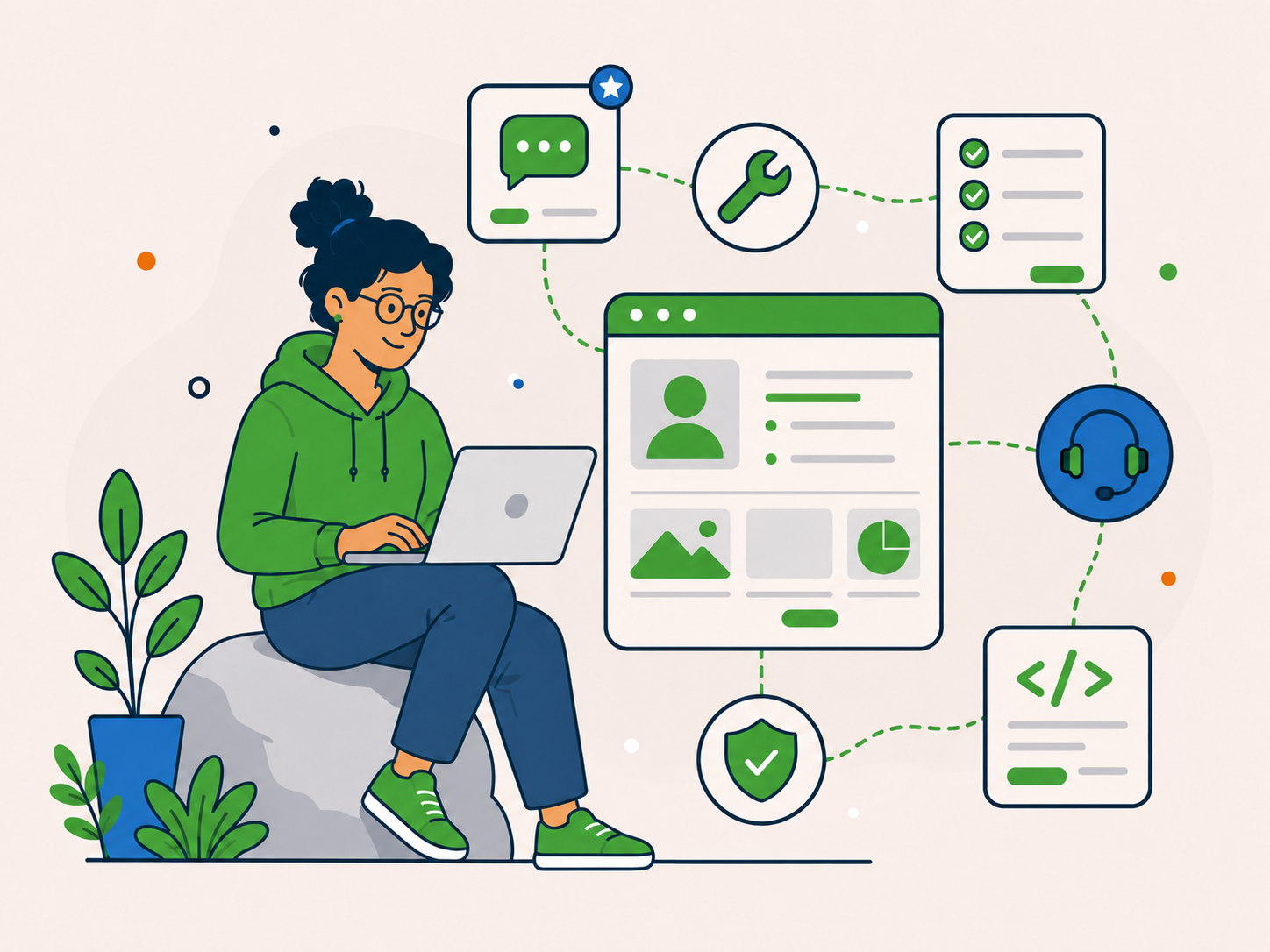 Individual freelancer working on a laptop with connected support, development, profile, and checklist icons around them.