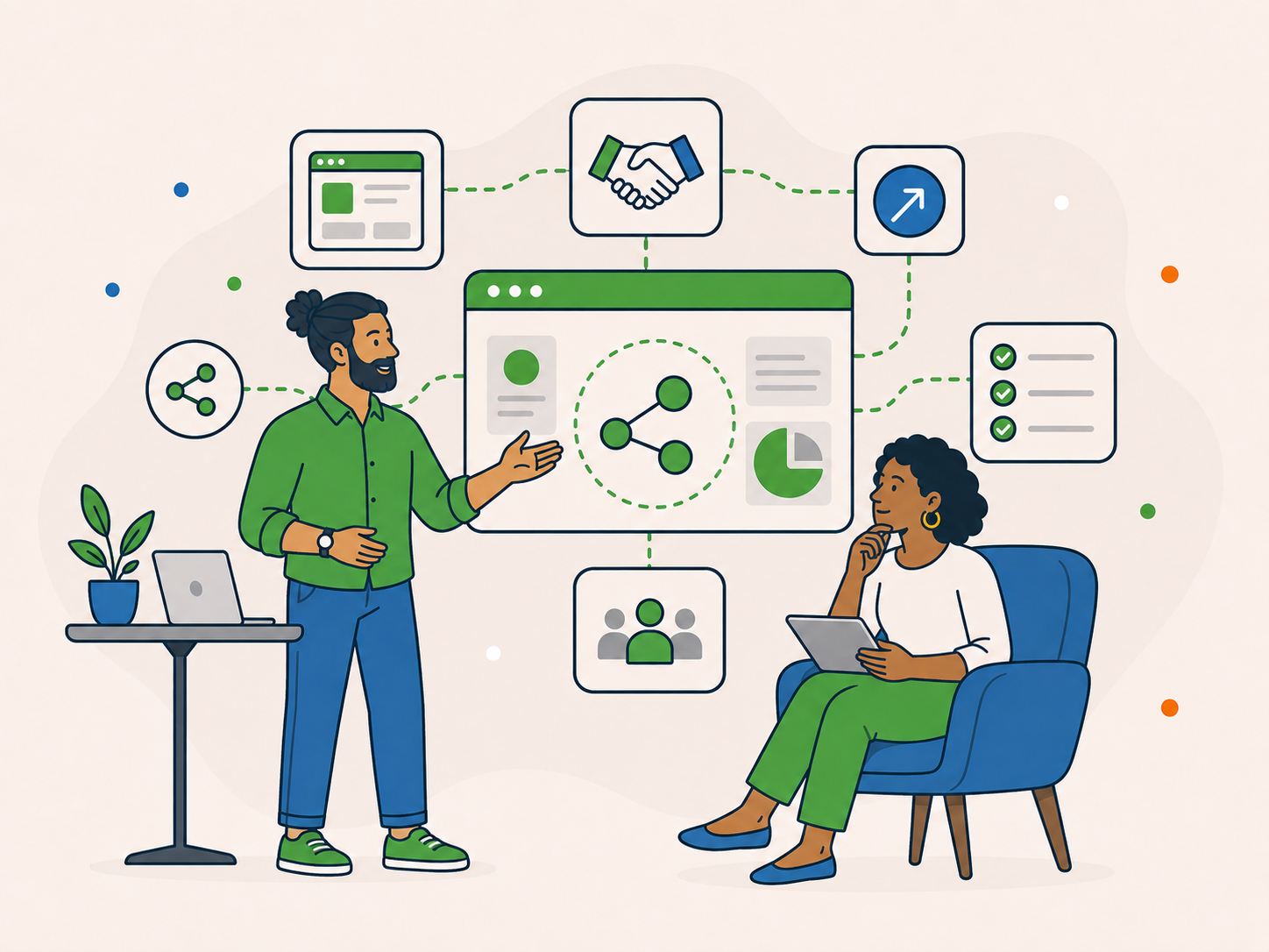 Two people discussing a partnership idea with a shared dashboard, handshake, referral, growth, and collaboration icons.