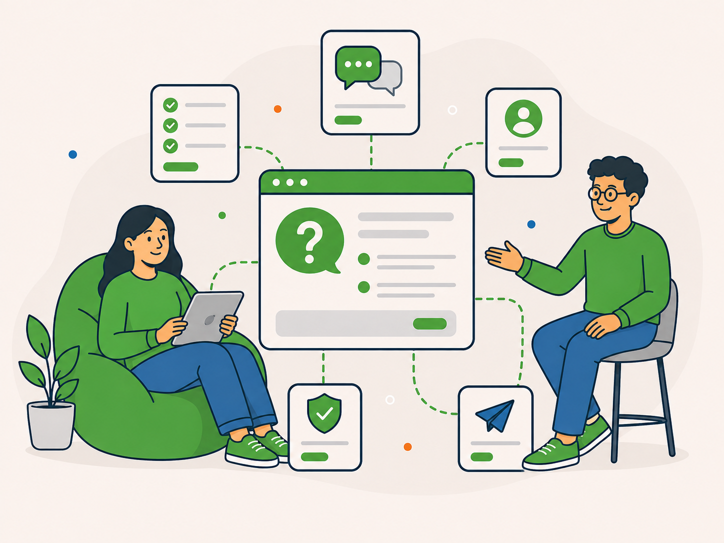 Two people reviewing practical questions with a central FAQ panel and connected answer cards in a calm, low-pressure support illustration.