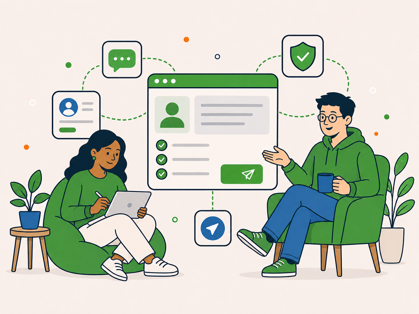 Two people introducing themselves through a simple profile and message panel, with trust and communication icons showing a clear, low-pressure next step.