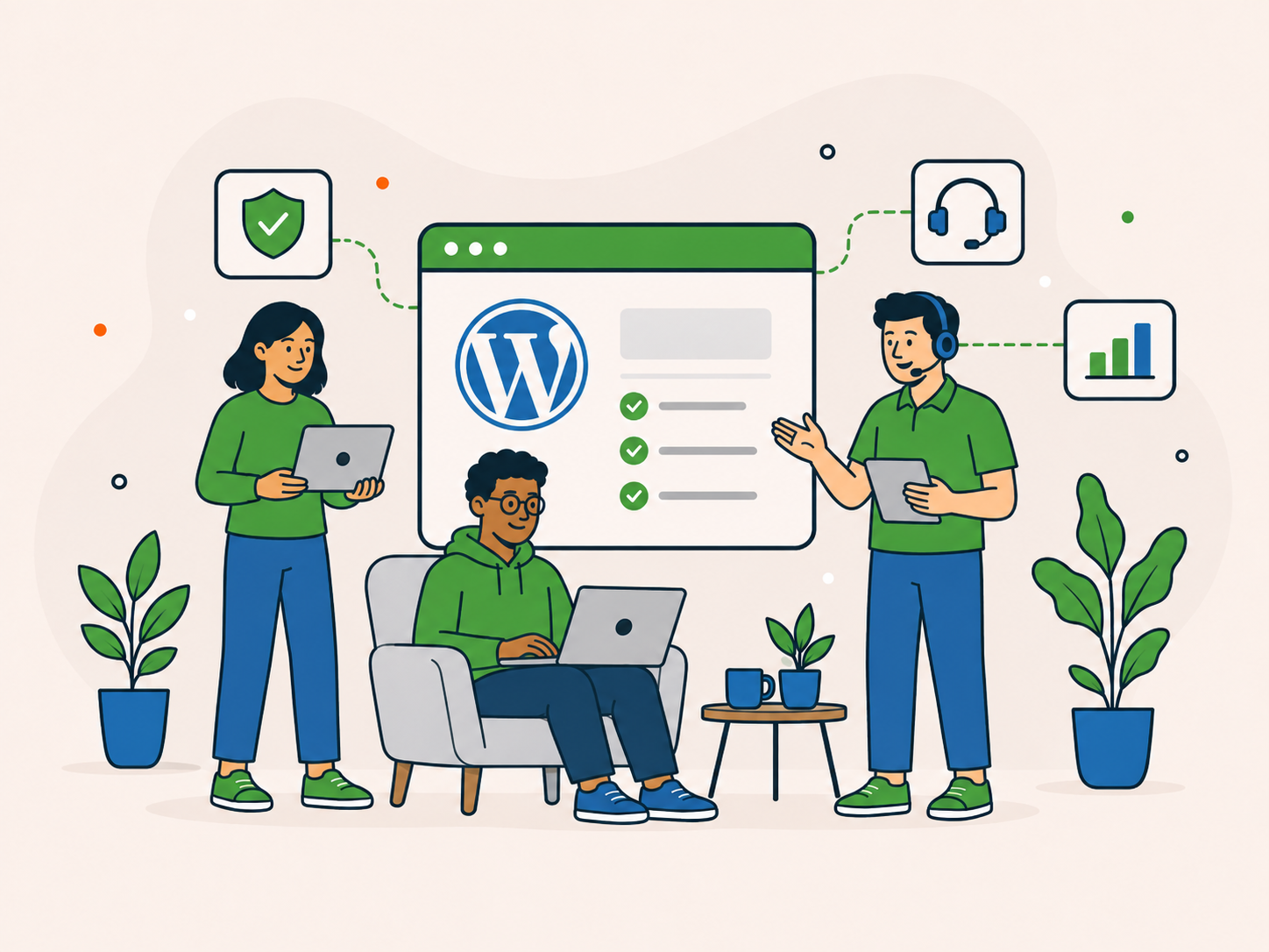 Newt Labs team members collaborating on WordPress support, security and website performance tasks.