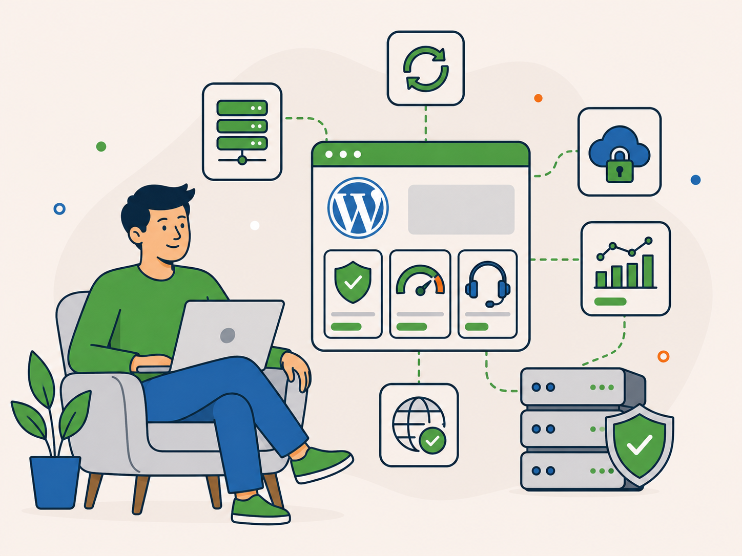 Business owner using a joined-up WordPress setup combining hosting, security, performance and support.