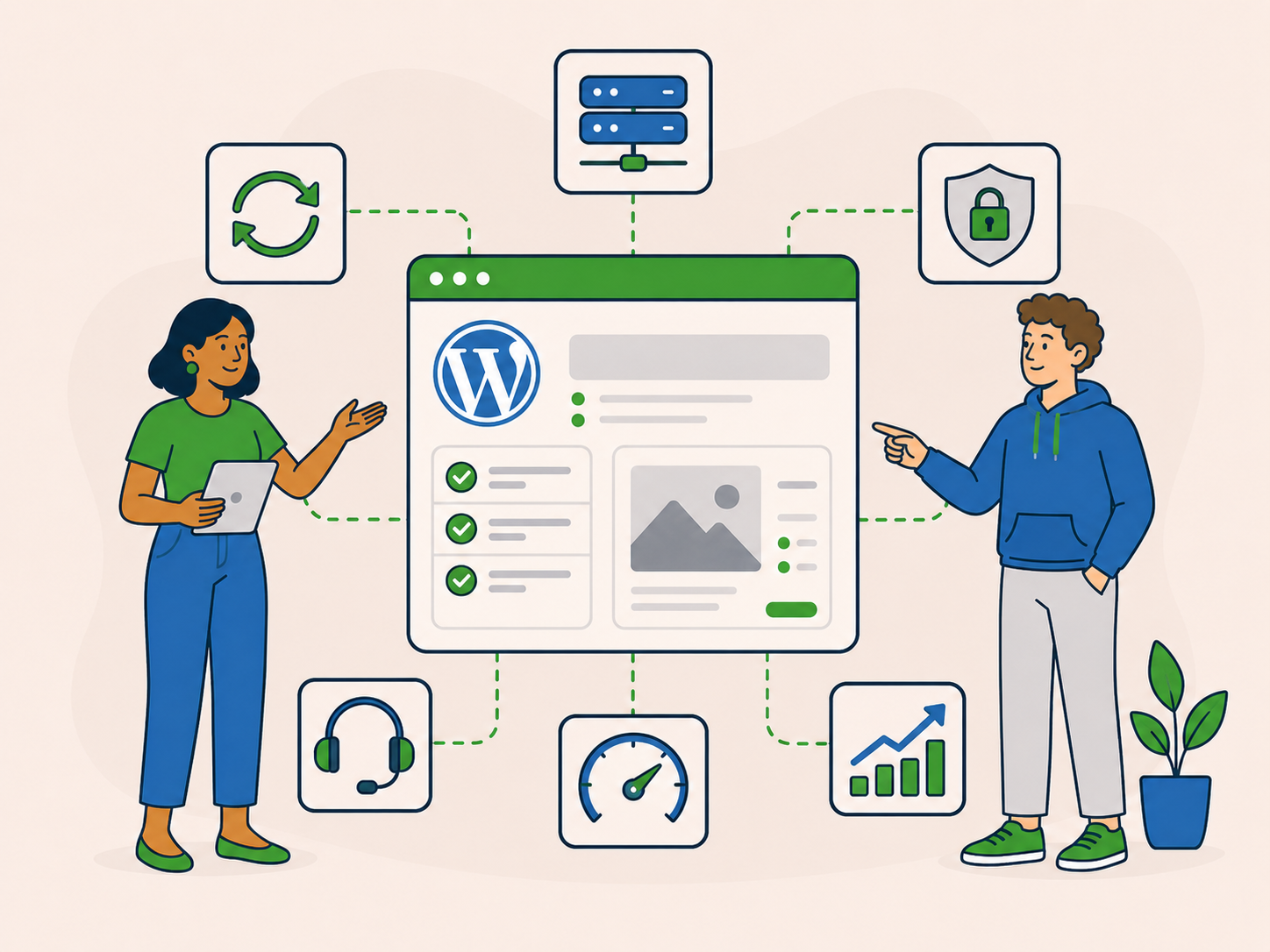 WordPress hosting, maintenance, security, performance and support connected through one joined-up service.