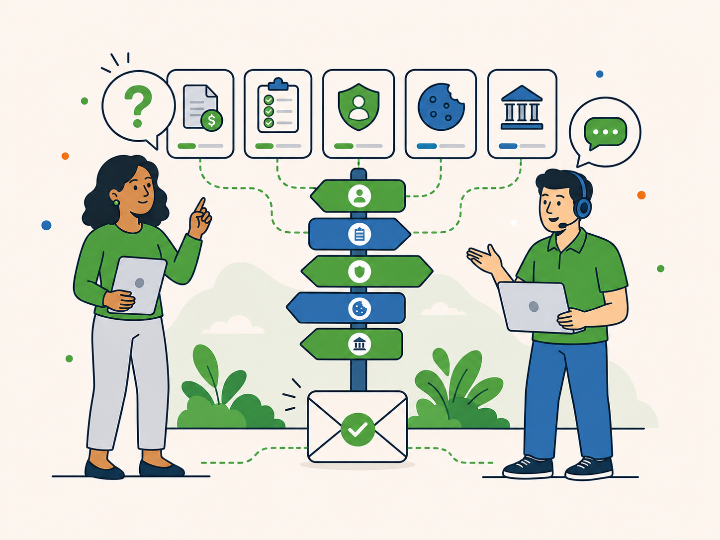 Illustration of two friendly support staff helping guide a user to the right legal page, with connected icons representing contact, terms, privacy, cookies, and other legal topics.