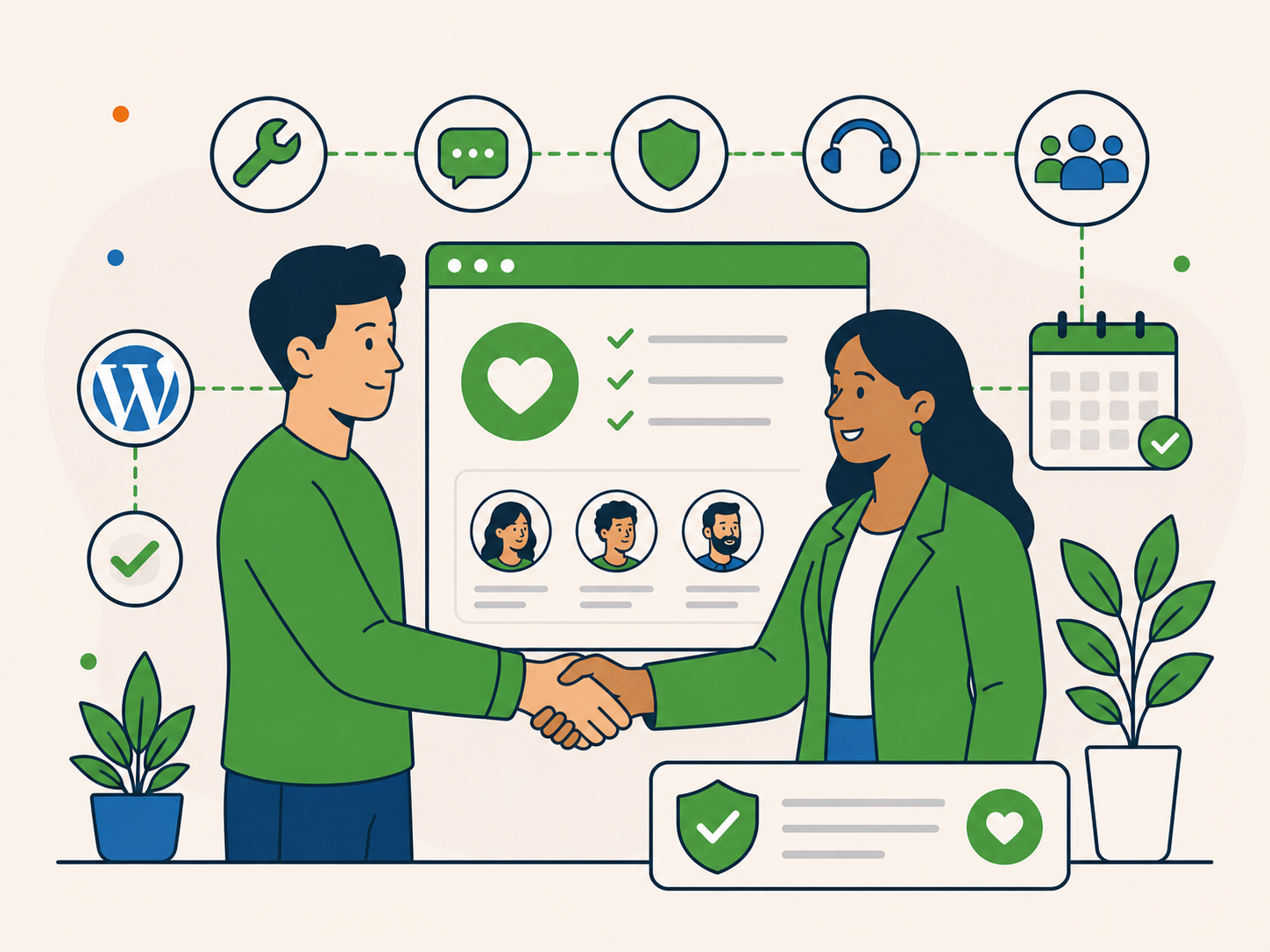 Client and support partner shaking hands, surrounded by connected service, calendar and trust symbols.